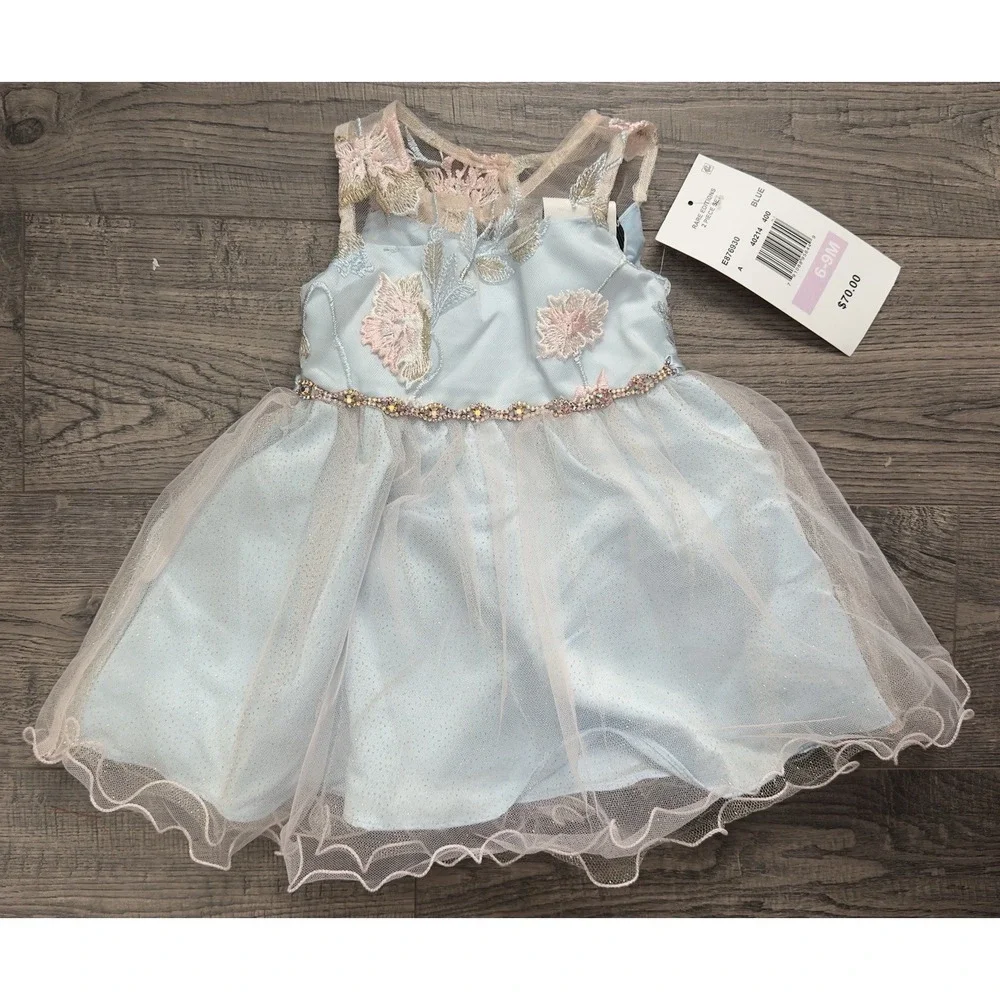 Rare Editions Baby Girl's 2-Piece Embroidered Rhinestone Fanciful Dress 6-9 Mont
